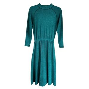 A5‎ RTW Dress Vintage 80s Teal Marl Knit Midi A-Line Mock Neck Pocket PS
